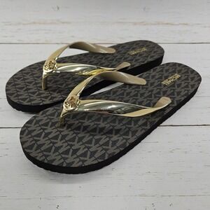 Michael Kors Jet Set Size 9 Brown Gold Flip Flop Thong Sandals‎ Logo